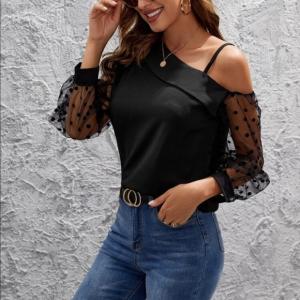 Black Casual Western Stylish Net Polka Dot Top for Jeans Women/Girls